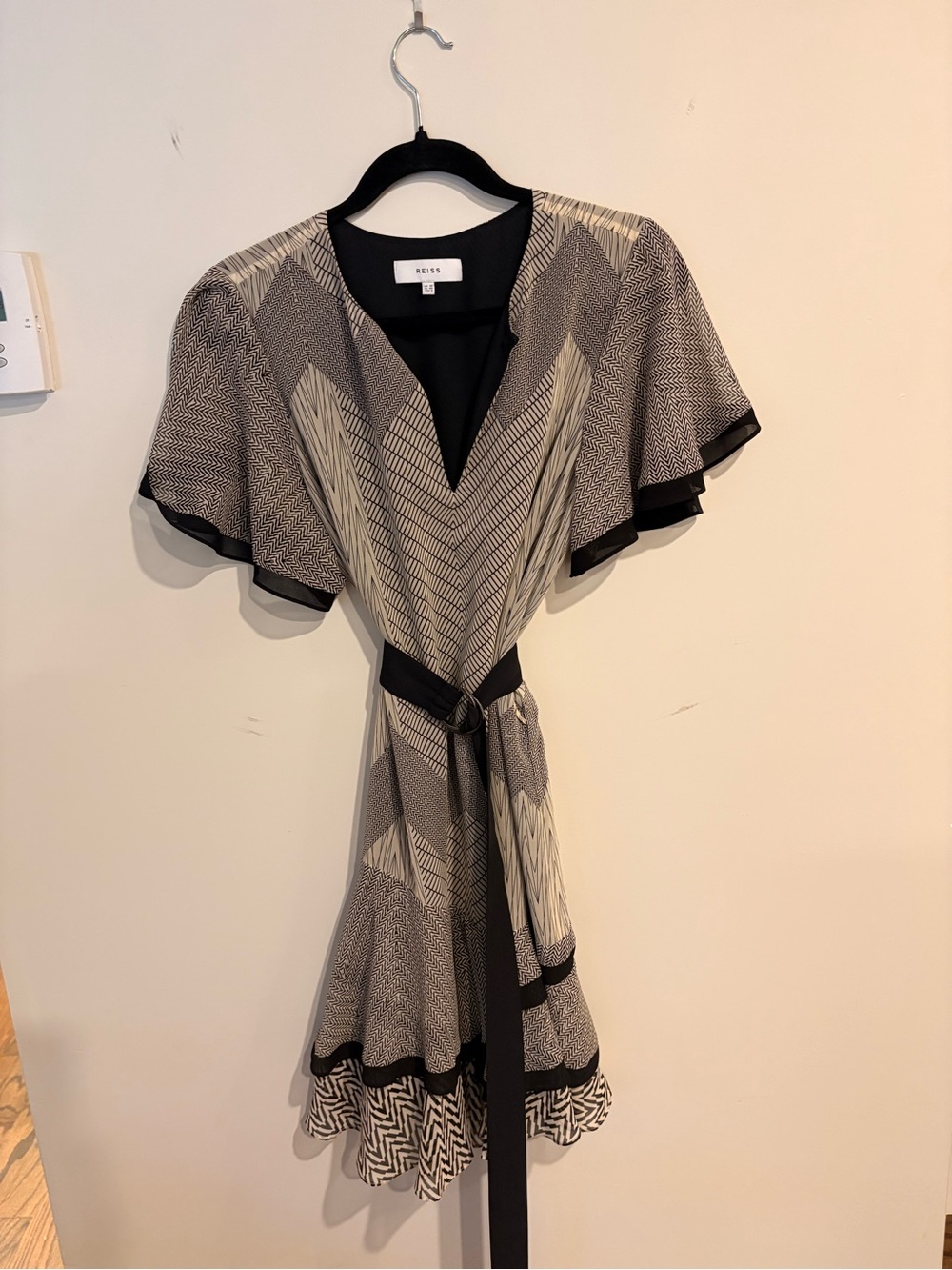 Reiss Hannah, Black and Cream Geometric Print, Mini Dress